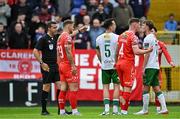 4 July 2025; Charlie Lyons of Cork City, 5, reacts after being shown a red card by referee Rob Harvey during the SSE Airtricity Men's Premier Division match between Shelbourne and Cork City at Tolka Park in Dublin. Photo by Sam Barnes/Sportsfile