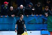4 July 2025; Galway United supporters protest to Assistant referee Richard Storey during the SSE Airtricity Men's Premier Division match between Drogheda United and Galway United at Sullivan & Lambe Park in Drogheda, Louth. Photo by Tyler Miller/Sportsfile