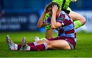4 July 2025; Owen Lambe of Drogheda United reacts to a missed opportunity on goal during the SSE Airtricity Men's Premier Division match between Drogheda United and Galway United at Sullivan & Lambe Park in Drogheda, Louth. Photo by Tyler Miller/Sportsfile