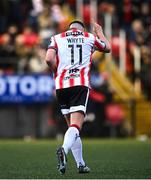 4 July 2025; Gavin Whyte of Derry City celebrates after scoring his side's seventh goal during the SSE Airtricity Men's Premier Division match between Derry City and Waterford at The Ryan McBride Brandywell Stadium in Derry. Photo by Ramsey Cardy/Sportsfile
