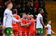 4 July 2025; JJ Lunney of Shelbourne, centre, celebrates  with teammates after scoring his side's third goal during the SSE Airtricity Men's Premier Division match between Shelbourne and Cork City at Tolka Park in Dublin. Photo by Sam Barnes/Sportsfile