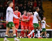 4 July 2025; JJ Lunney of Shelbourne, centre, celebrates  with teammates after scoring his side's third goal during the SSE Airtricity Men's Premier Division match between Shelbourne and Cork City at Tolka Park in Dublin. Photo by Sam Barnes/Sportsfile