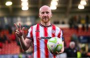 4 July 2025; Liam Boyce of Derry City with the match ball after scoring a hat-trick in the SSE Airtricity Men's Premier Division match between Derry City and Waterford at The Ryan McBride Brandywell Stadium in Derry. Photo by Ramsey Cardy/Sportsfile
