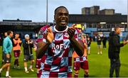 4 July 2025; Fuhad Kareem of Drogheda United celebrates after his side's victory in the SSE Airtricity Men's Premier Division match between Drogheda United and Galway United at Sullivan & Lambe Park in Drogheda, Louth. Photo by Tyler Miller/Sportsfile