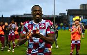 4 July 2025; Fuhad Kareem of Drogheda United celebrates after his side's victory in the SSE Airtricity Men's Premier Division match between Drogheda United and Galway United at Sullivan & Lambe Park in Drogheda, Louth. Photo by Tyler Miller/Sportsfile