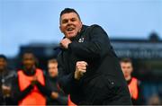 4 July 2025; Drogheda United manager Kevin Doherty celebrates after his side's victory in the SSE Airtricity Men's Premier Division match between Drogheda United and Galway United at Sullivan & Lambe Park in Drogheda, Louth. Photo by Tyler Miller/Sportsfile