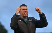 4 July 2025; Drogheda United manager Kevin Doherty celebrates after his side's victory in the SSE Airtricity Men's Premier Division match between Drogheda United and Galway United at Sullivan & Lambe Park in Drogheda, Louth. Photo by Tyler Miller/Sportsfile