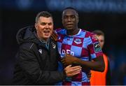 4 July 2025; Drogheda United manager Kevin Doherty celebrates with Fuhad Kareem of Drogheda United after the SSE Airtricity Men's Premier Division match between Drogheda United and Galway United at Sullivan & Lambe Park in Drogheda, Louth. Photo by Tyler Miller/Sportsfile