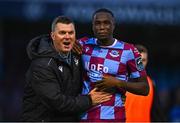 4 July 2025; Drogheda United manager Kevin Doherty celebrates with Fuhad Kareem of Drogheda United after the SSE Airtricity Men's Premier Division match between Drogheda United and Galway United at Sullivan & Lambe Park in Drogheda, Louth. Photo by Tyler Miller/Sportsfile