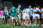 4 July 2025; Both teams shake hands after the World Rugby U20 Championship 2025 Pool C match between Ireland and Italy at Stadio Luigi Zaffanella in Viadana, Italy. Photo by Massimiliano Carnabuci/Sportsfile
