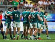 4 July 2025; Ireland players celebrate a try scored by team mate Bobby Power during the World Rugby U20 Championship 2025 Pool C match between Ireland and Italy at Stadio Luigi Zaffanella in Viadana, Italy. Photo by Massimiliano Carnabuci/Sportsfile