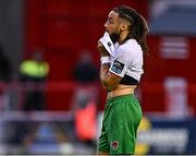 4 July 2025; Milan Mbeng of Cork City dejected after his side's defeat in the SSE Airtricity Men's Premier Division match between Shelbourne and Cork City at Tolka Park in Dublin. Photo by Sam Barnes/Sportsfile