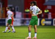 4 July 2025; Milan Mbeng of Cork City dejected after his side's defeat in the SSE Airtricity Men's Premier Division match between Shelbourne and Cork City at Tolka Park in Dublin. Photo by Sam Barnes/Sportsfile