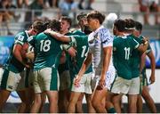 4 July 2025; Ireland players celebrate a try scored by team mate Bobby Power during the World Rugby U20 Championship 2025 Pool C match between Ireland and Italy at Stadio Luigi Zaffanella in Viadana, Italy. Photo by Massimiliano Carnabuci/Sportsfile