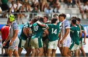 4 July 2025; Ireland players celebrate a try scored by team mate Bobby Power during the World Rugby U20 Championship 2025 Pool C match between Ireland and Italy at Stadio Luigi Zaffanella in Viadana, Italy. Photo by Massimiliano Carnabuci/Sportsfile