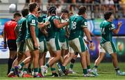 4 July 2025; Ireland players celebrate a try scored by team mate Bobby Power during the World Rugby U20 Championship 2025 Pool C match between Ireland and Italy at Stadio Luigi Zaffanella in Viadana, Italy. Photo by Massimiliano Carnabuci/Sportsfile