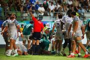 4 July 2025; Bobby Power of Ireland celebrate with his team mates after scoring a try during the World Rugby U20 Championship 2025 Pool C match between Ireland and Italy at Stadio Luigi Zaffanella in Viadana, Italy. Photo by Massimiliano Carnabuci/Sportsfile