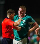 4 July 2025; Eanna McCarthy of Ireland talks to the referee Ben Breakspear during the World Rugby U20 Championship 2025 Pool C match between Ireland and Italy at Stadio Luigi Zaffanella in Viadana, Italy. Photo by Massimiliano Carnabuci/Sportsfile