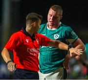 4 July 2025; Eanna McCarthy of Ireland talks to the referee Ben Breakspear during the World Rugby U20 Championship 2025 Pool C match between Ireland and Italy at Stadio Luigi Zaffanella in Viadana, Italy. Photo by Massimiliano Carnabuci/Sportsfile