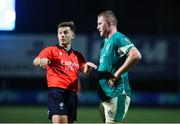 4 July 2025; Eanna McCarthy of Ireland talks to the referee Ben Breakspear during the World Rugby U20 Championship 2025 Pool C match between Ireland and Italy at Stadio Luigi Zaffanella in Viadana, Italy. Photo by Massimiliano Carnabuci/Sportsfile