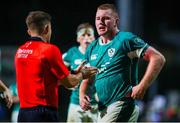 4 July 2025; Eanna McCarthy of Ireland talks to the referee Ben Breakspear during the World Rugby U20 Championship 2025 Pool C match between Ireland and Italy at Stadio Luigi Zaffanella in Viadana, Italy. Photo by Massimiliano Carnabuci/Sportsfile