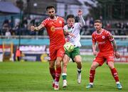 4 July 2025; Ellis Chapman of Shelbourne in action against Cathal O'Sullivan of Cork City during the SSE Airtricity Men's Premier Division match between Shelbourne and Cork City at Tolka Park in Dublin. Photo by Sam Barnes/Sportsfile