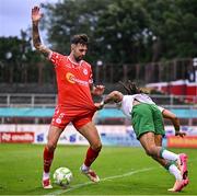 4 July 2025; Ellis Chapman of Shelbourne in action against Milan Mbeng of Cork City during the SSE Airtricity Men's Premier Division match between Shelbourne and Cork City at Tolka Park in Dublin. Photo by Sam Barnes/Sportsfile