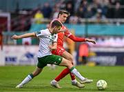 4 July 2025; Sean Boyd of Shelbourne in action against Darragh Crowley of Cork City during the SSE Airtricity Men's Premier Division match between Shelbourne and Cork City at Tolka Park in Dublin. Photo by Sam Barnes/Sportsfile
