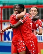 4 July 2025; Mipo Odubeko of Shelbourne, centre, celebrates with Harry Wood, right, and Evan Caffrey after scoring their side's second goal during the SSE Airtricity Men's Premier Division match between Shelbourne and Cork City at Tolka Park in Dublin. Photo by Sam Barnes/Sportsfile