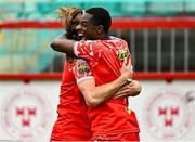 4 July 2025; Mipo Odubeko of Shelbourne, right, celebrates with Harry Wood after scoring their side's second goal during the SSE Airtricity Men's Premier Division match between Shelbourne and Cork City at Tolka Park in Dublin. Photo by Sam Barnes/Sportsfile