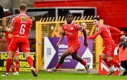 4 July 2025; Mipo Odubeko of Shelbourne, centre, celebrates after scoring his side's second goal during the SSE Airtricity Men's Premier Division match between Shelbourne and Cork City at Tolka Park in Dublin. Photo by Sam Barnes/Sportsfile