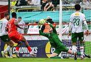 4 July 2025; Cork City goalkeeper Conor Brann makes a save during the SSE Airtricity Men's Premier Division match between Shelbourne and Cork City at Tolka Park in Dublin. Photo by Sam Barnes/Sportsfile