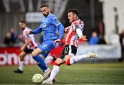 4 July 2025; Danny Mullen of Derry City in action against Andy Boyle of Waterford during the SSE Airtricity Men's Premier Division match between Derry City and Waterford at The Ryan McBride Brandywell Stadium in Derry. Photo by Ramsey Cardy/Sportsfile