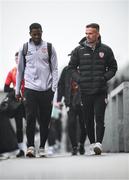 4 July 2025; Sadou Diallo, left, and Cameron Dummigan of Derry City before the SSE Airtricity Men's Premier Division match between Derry City and Waterford at The Ryan McBride Brandywell Stadium in Derry. Photo by Ramsey Cardy/Sportsfile