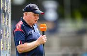 5 July 2025; Cork manager Joe Carroll is interviewed by TG4 before the TG4 All-Ireland Ladies Football Senior Championship quarter-final match between Dublin and Cork at Parnell Park in Dublin. Photo by Seb Daly/Sportsfile