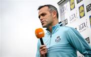 5 July 2025; Dublin manager Paul Casey is interviewed by TG4 before the TG4 All-Ireland Ladies Football Senior Championship quarter-final match between Dublin and Cork at Parnell Park in Dublin. Photo by Seb Daly/Sportsfile