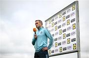 5 July 2025; Dublin manager Paul Casey is interviewed by TG4 before the TG4 All-Ireland Ladies Football Senior Championship quarter-final match between Dublin and Cork at Parnell Park in Dublin. Photo by Seb Daly/Sportsfile