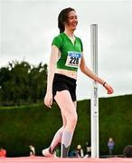 5 July 2025; Aoife O'Sullivan of Liscarroll AC, Cork, after winning the U23 women high jump with a championship record of 1.81m during the 123.ie National U20 & U23 Championships at Tullamore Harriers Athletics Club in Tullamore, Offaly. Photo by Sam Barnes/Sportsfile