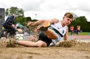 5 July 2025; Alex Jaworski of Midleton AC, Cork, competes in the U20 long jump during the 123.ie National U20 & U23 Championships at Tullamore Harriers Athletics Club in Tullamore, Offaly. Photo by Sam Barnes/Sportsfile
