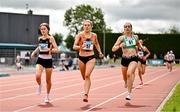 5 July 2025; Jennifer O'Leary of Nenagh Olympic AC, Tipperary, centre, wins her U20 women 800m heat ahead of Emma Bonar of Letterkenny AC, Donegal, left, and Ava Diver of Beechmount Harriers AC, right, during the 123.ie National U20 & U23 Championships at Tullamore Harriers Athletics Club in Tullamore, Offaly. Photo by Sam Barnes/Sportsfile