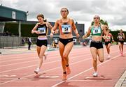 5 July 2025; Jennifer O'Leary of Nenagh Olympic AC, Tipperary, centre, wins her U20 women 800m heat ahead of Emma Bonar of Letterkenny AC, Donegal, left, and Ava Diver of Beechmount Harriers AC, right, during the 123.ie National U20 & U23 Championships at Tullamore Harriers Athletics Club in Tullamore, Offaly. Photo by Sam Barnes/Sportsfile