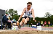 5 July 2025; Alex Jaworski of Midleton AC, Cork, competes in the U20 long jump during the 123.ie National U20 & U23 Championships at Tullamore Harriers Athletics Club in Tullamore, Offaly. Photo by Sam Barnes/Sportsfile