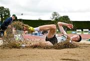 5 July 2025; Conor Hughes of Midleton AC, Cork, competes in the U20 mens long jump during the 123.ie National U20 & U23 Championships at Tullamore Harriers Athletics Club in Tullamore, Offaly. Photo by Sam Barnes/Sportsfile