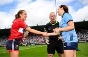 5 July 2025; Cork captain Sarah Leahy and Dublin captain Leah Caffrey shake hands before the TG4 All-Ireland Ladies Football Senior Championship quarter-final match between Dublin and Cork at Parnell Park in Dublin. Photo by Seb Daly/Sportsfile