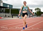 5 July 2025; Alexandra Joyce of Tuam AC, Galway, crosses the line to win U23 women 3000m steeplechase during the 123.ie National U20 & U23 Championships at Tullamore Harriers Athletics Club in Tullamore, Offaly. Photo by Sam Barnes/Sportsfile