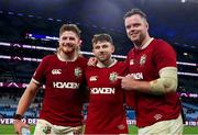 5 July 2025; British & Irish Lions players, from left, Joe McCarthy, Hugo Keenan and James Ryan after the tour match between NSW Waratahs and the British & Irish Lions at the Allianz Stadium in Sydney, Australia. Photo by Steve Christo/Sportsfile