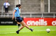 5 July 2025; Hannah Tyrrell of Dublin scores her side's first goal from a penalty during the TG4 All-Ireland Ladies Football Senior Championship quarter-final match between Dublin and Cork at Parnell Park in Dublin. Photo by Seb Daly/Sportsfile