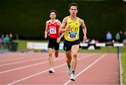 5 July 2025; Jonas Stafford of UCD AC, Dublin, on his way to winning the U23 men 3000m steeplechase during the 123.ie National U20 & U23 Championships at Tullamore Harriers Athletics Club in Tullamore, Offaly. Photo by Sam Barnes/Sportsfile