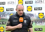 5 July 2025; Galway manager Daniel Moynihan is interviewed by TG4 before the TG4 All-Ireland Ladies Football Senior Championship quarter-final match between Galway and Waterford at Tuam Stadium in Galway. Photo by Piaras Ó Mídheach/Sportsfile