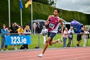 5 July 2025; Sean Doggett of Athenry AC, Galway, on his way to winning his U20 men 400m heat during the 123.ie National U20 & U23 Championships at Tullamore Harriers Athletics Club in Tullamore, Offaly. Photo by Sam Barnes/Sportsfile